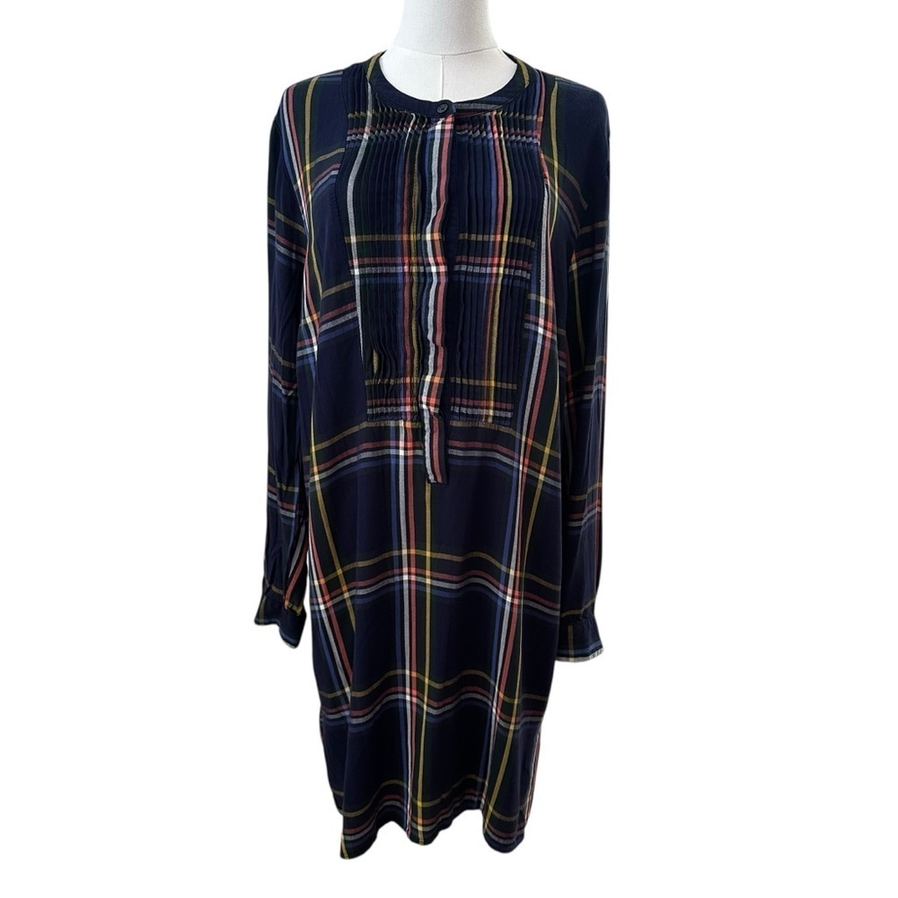 Women's XL Navy Blue Plaid Pleated Long Sleeve Preppy Midi Casual Soft Dress